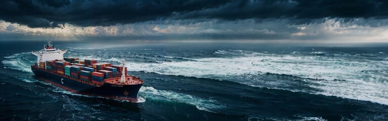 Cargo ship stern braving stormy seas, import export containers, resilient delivery, maritime logistics concept, website header, copy space. Generative AI - obrazy, fototapety, plakaty