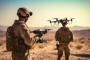 Fototapeta premium Generative AI illustration of military launches a combat drone in field for a special operation