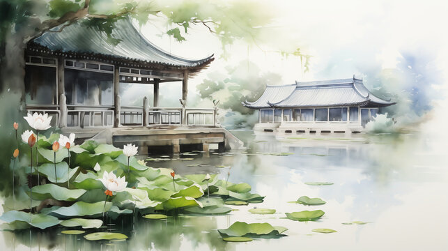 Waterside pavilion with lotus flowers, Chinese Ink wash painting