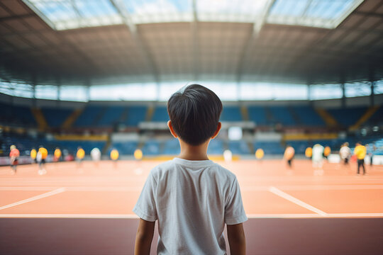 Generative AI photo of small pretty sportive child athlete in training