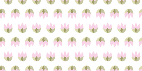 Seamless pattern with Flat cute Pink tulips Heads. Vector Endless texture for Easter Spring design, Valentine Day, March 8, Women Day, Greeting card, Fabric, Announcement, Poster, Textile, Background