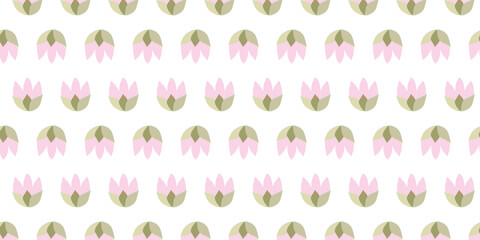 Seamless pattern with Flat cute Pink tulips Heads. Vector Endless texture for Easter Spring design, Valentine Day, March 8, Women Day, Greeting card, Fabric, Announcement, Poster, Textile, Background