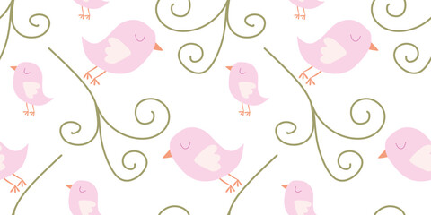 Cute Seamless Pattern with Cartoon birds and Flourish. Spring Vector Flat background in Pastel colors. Template for Wallpapers, Pattern fills, Web page Banner, Surface Textures, Fabric