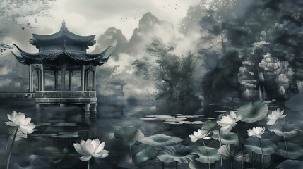 Fototapeta premium Waterside pavilion with lotus flowers, Chinese Ink wash painting