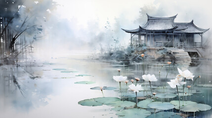 Waterside pavilion with lotus flowers, Chinese Ink wash painting - obrazy, fototapety, plakaty
