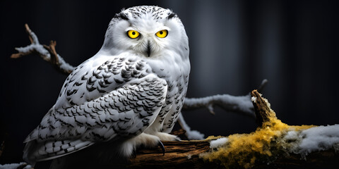 close-up of an owl perched on a tree branch in a dark environment Photo of a white owl with black background Ai Generative