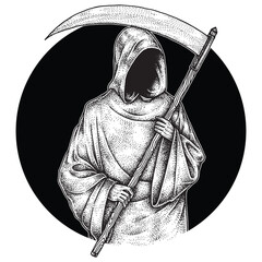 The Grim Reaper Holding Scythe, Hand Drawn Illustration Vector