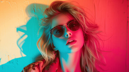 Fototapeta premium Stylish Woman in Sunglasses with Colorful Shadow Play