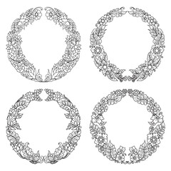 Round Floral Frame, hand drawn illustration vector