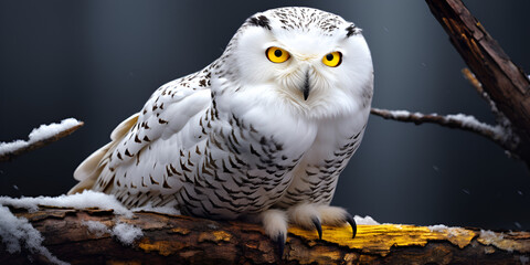 A white owl sitting on a tree branch Snowy owl sitting on a branch with blurly background Ai Generative