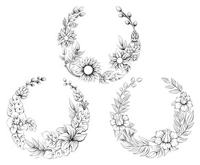 Round Floral Frame, hand drawn illustration vector