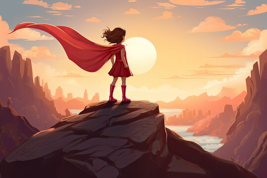 Fototapeta hero child with cape stand on a cliff illustration