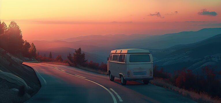 Sunset road travel withan old van. Interior and the road with amazing sky outside. AI generated illustration