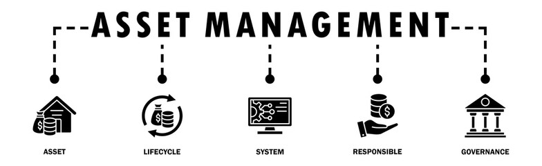 Asset management banner web icon vector illustration concept with icon of asset, life cycle, system, responsible and governance