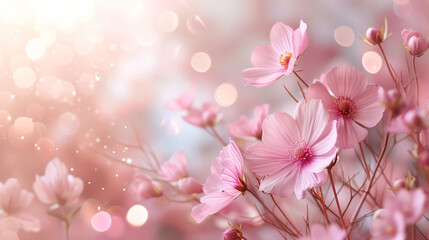 Soft Pink Cosmos Blooms with Sparkling Lights, Soft pink cosmos flowers blooming, enhanced by the sparkle of bokeh lights on a warm, dreamy background.
