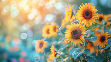 Sunflowers Basking in the Sunlight Bokeh, Vibrant sunflowers with a stunning sunlight bokeh effect in the background, symbolizing summer warmth.