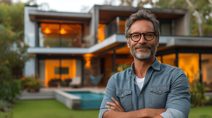 Confident American man real estate agent stands proudly outside a modern home, Ai generated image