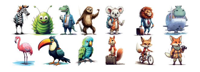 Colorful Assembly of Animated Animals in Various Attire: A Unique Vector Illustration of Diverse Creatures Showcasing Distinct