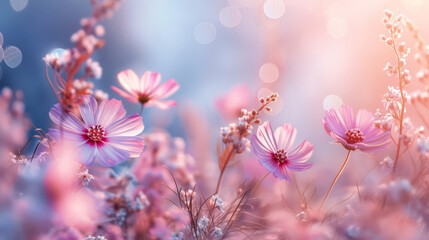 Wildflowers in Golden Hour Light Bokeh, Delicate pink wildflowers bathed in the soft, golden light of the setting sun with a bokeh effect. © Nongkran