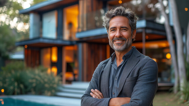Confident American man real estate agent stands proudly outside a modern home, Ai generated image