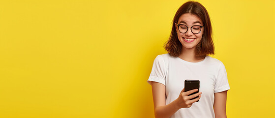 Mulher jovem surpresa em camiseta branca, segurando o smartphone e olhando para a câmera isolada em fundo amarelo - obrazy, fototapety, plakaty