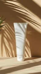 an Empty white plastic tube mock-up with leaves shadows and sunlight in minimal style.