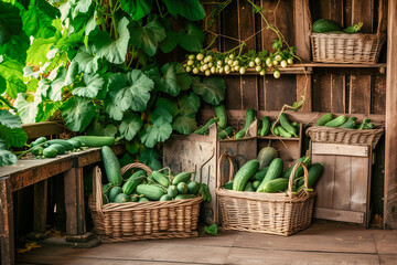 Rustic atmosphere with wooden crates full of fresh cucumbers - obrazy, fototapety, plakaty