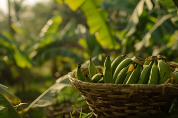 basket full of banana sits nestled among green leaves and branches, showcasing nature's bounty in this close-up image bursting with fresh fruit and vibrant colors