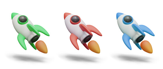 Set of space rockets of different colors. Spaceship launch