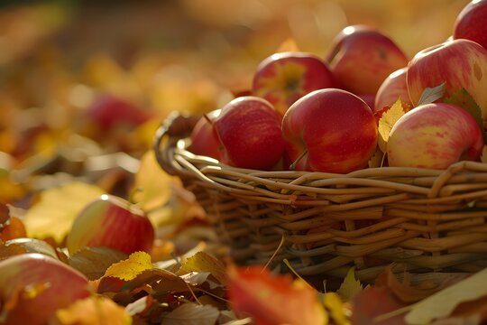basket full of apples sits nestled among and branches, showcasing nature's bounty in this close-up image bursting with fresh fruit and vibrant colors