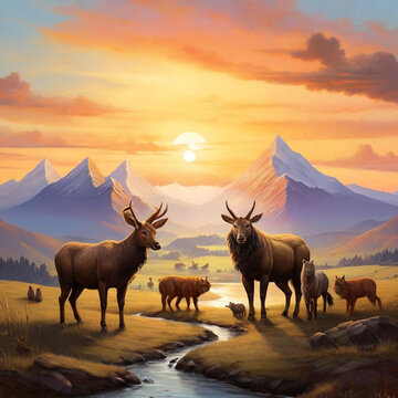 animls  in the mountains with sunset
