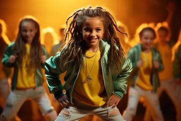 
Happy children dancing. Group of children, little girls in sportive casual style clothes dancing in choreography class isolated on green background in yellow neon light. Concept of music, fashion