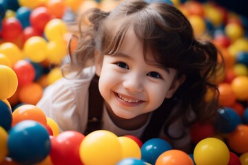 Fototapeta na wymiar Happy little kid playing at colorful plastic balls playground high view. Adorable girl having fun indoors, kindergarten