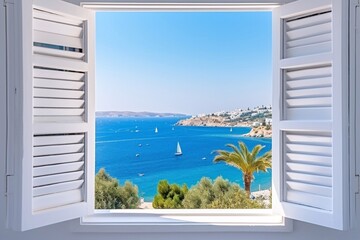 Beautiful view of the hillside through an open window with white shutters of the sea and white village