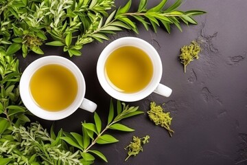 Delicious and calming herbal tea with two cups of white tea and a teapot with green tea leaves. Flat lay, top view. Tea concept