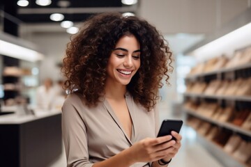 
Hispanic woman smiling and happy browsing online discounts using smartphone, inside a modern large store