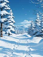 Snowy landscape with pine trees under a clear sky with gentle snowfall