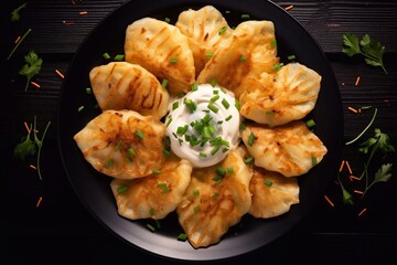Delicious homemade fried Polish potato pierogi with fried onion top view on a cermaic dark plate