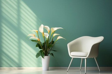 Interior design scene with a white modern chair and a vase of calla lilly on a pale green wall