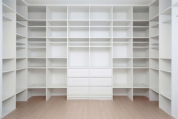 Interior of a modern empty white dressing room and many shelves in it