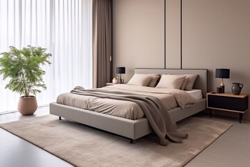 Beautiful, stylish and bright interior photography, modern bedroom, with large stylish bed, modern design, in beige
