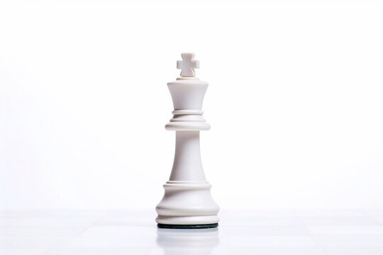 A close-up view of a light white king chess piece with a white background