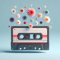 A retro audio cassette with isolated colorful flowers on the light blue background. Copy space....
