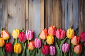 Beautiful spring flowers. Beautiful tulip flowers on wooden background, holiday card