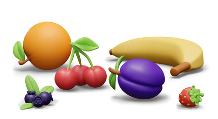 Fruit and berry set in 3D style. Banana, orange, cherry, plum, strawberry, blueberry