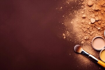 Makeup concept. Top view photo of the eyeshadow palette. of makeup brushes on an isolated brown background with copyspace. A brown background, loose powder, two pairs of shadows and a makeup brush - obrazy, fototapety, plakaty