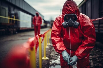 Man inspector scientist investigate chemical gas leak spill with safety face mask PPE suit in area closed barricade security red white tape. danger area infected toxic leak spill cross stripe ribbon - obrazy, fototapety, plakaty