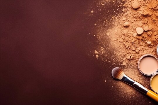 Makeup concept. Top view photo of the eyeshadow palette. of makeup brushes on an isolated brown background with copyspace. A brown background, loose powder, two pairs of shadows and a makeup brush