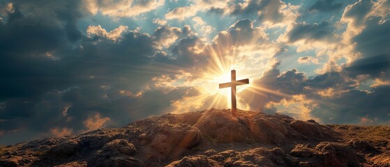 Landscape of cloudy clouds with sun shining behind the cross, in the style of photo-realistic landscapes, poster, controversial, coastal scenery, shaped canvas, stone sculptures.