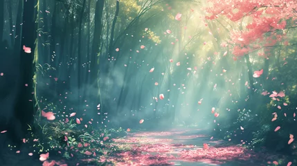 Foto op Plexiglas Pink flower petals fall in the forest. © ikkilostd
